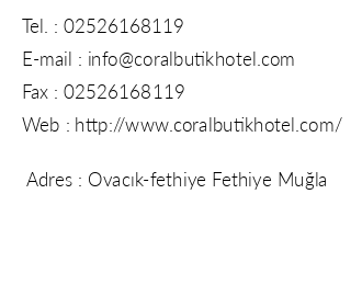 Coral Butik Hotel iletiim bilgileri